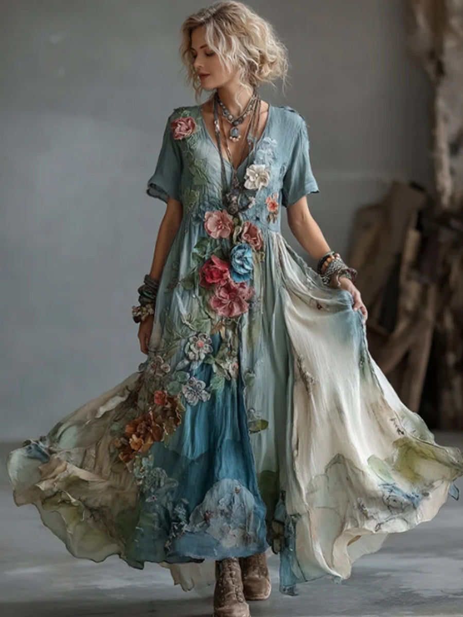 Women's Vintage Gradient Blossoms Embroidered Cotton And Linen Maxi Dress