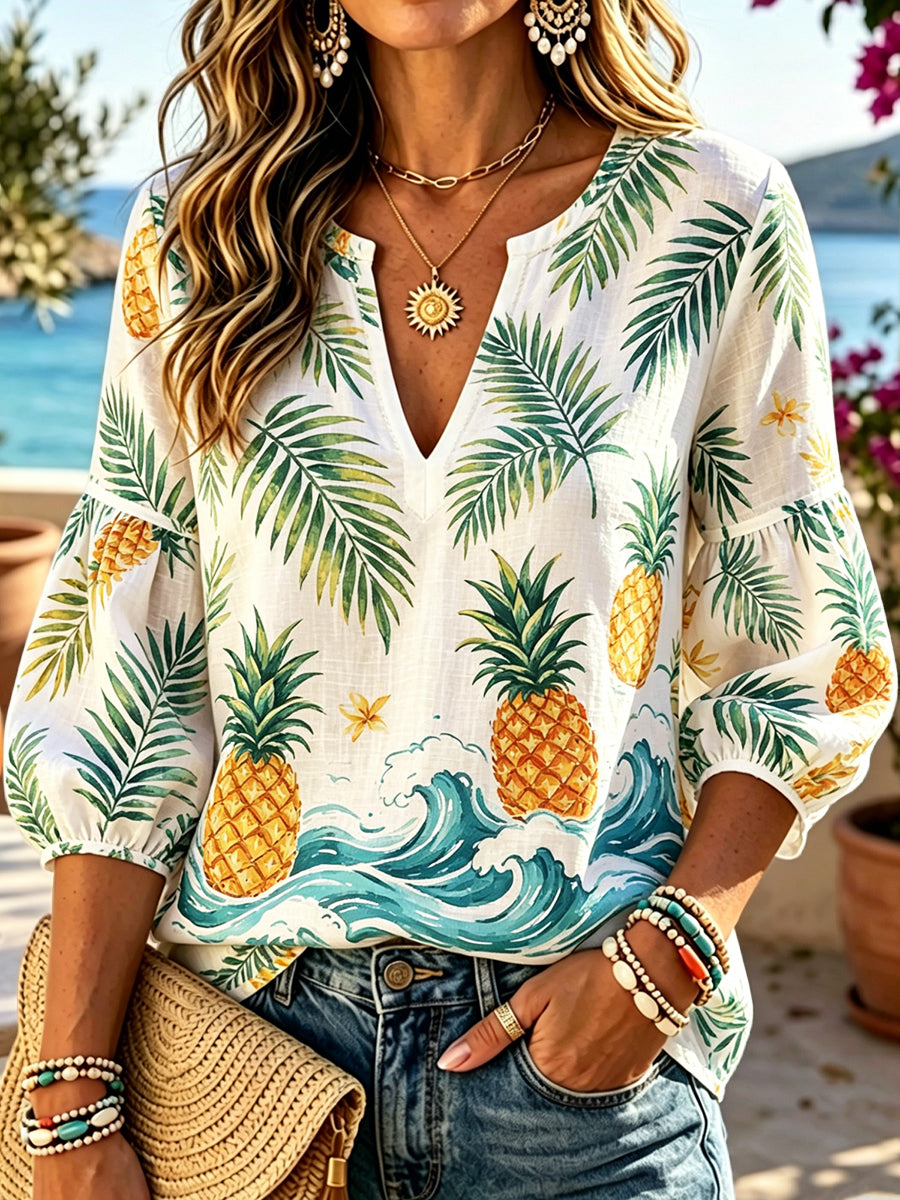 Women's Hawaiian Tropical Floral Pineapple Print V-Neck Top