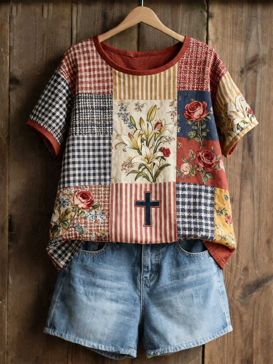 Women's Floral Cross Print Casual T-shirt