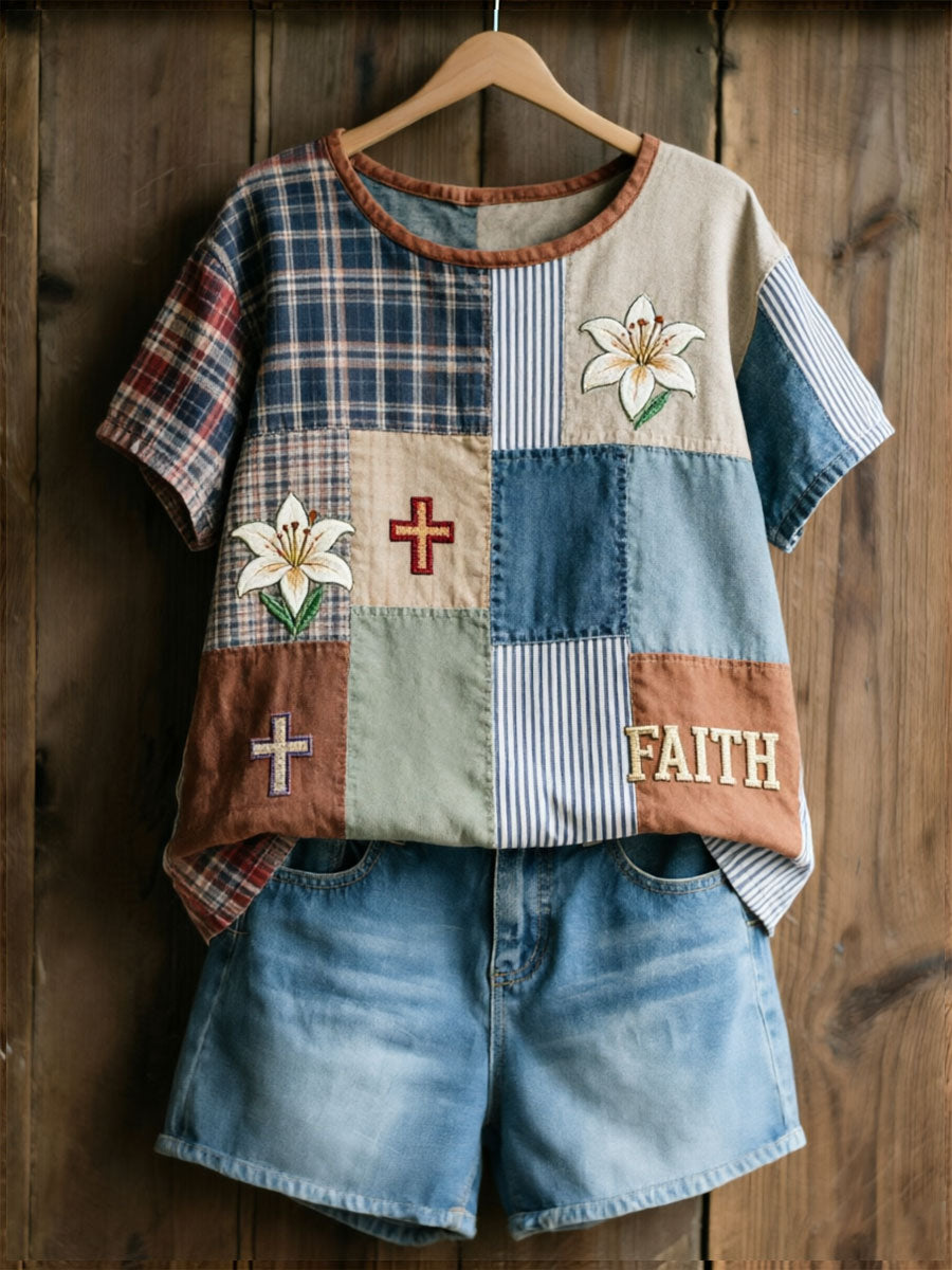 Women's Floral Cross Print Casual T-shirt