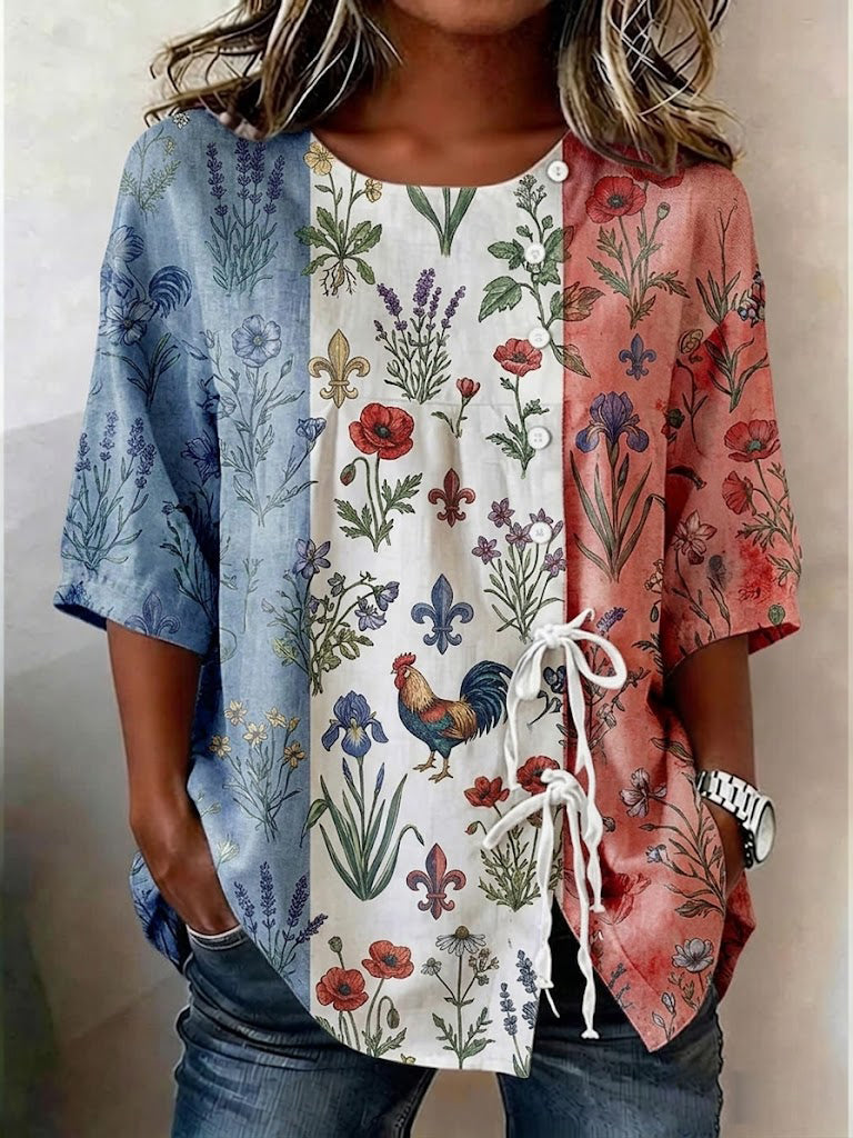 Women's Floral Patchwork Printed Cotton-Linen Button-Front Top With Ties