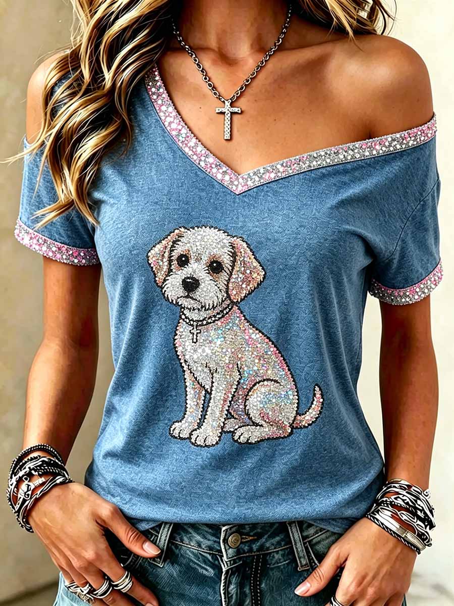 Women's Sequin Animal Print Casual Off-Shoulder Top