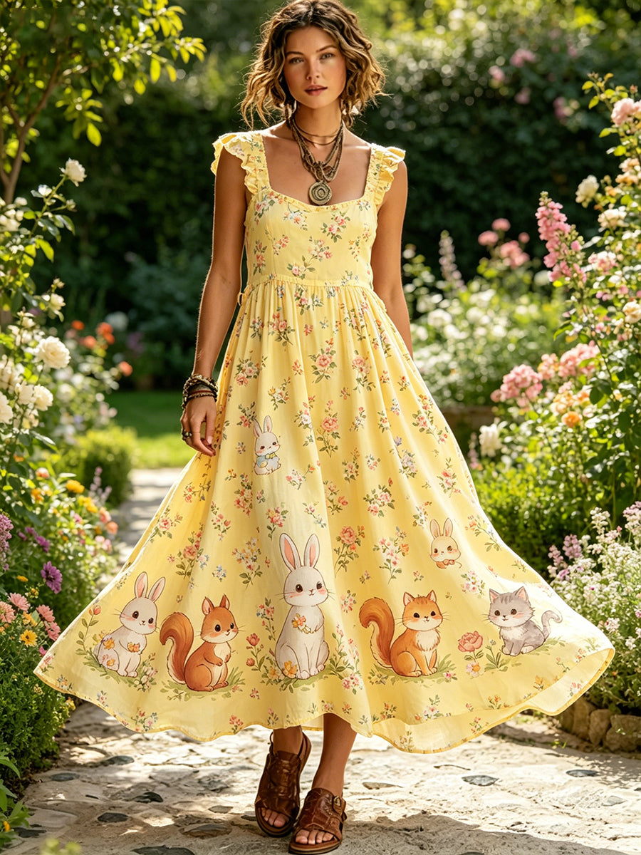 Women's Pastoral-Style Dress With Animal And Floral Print