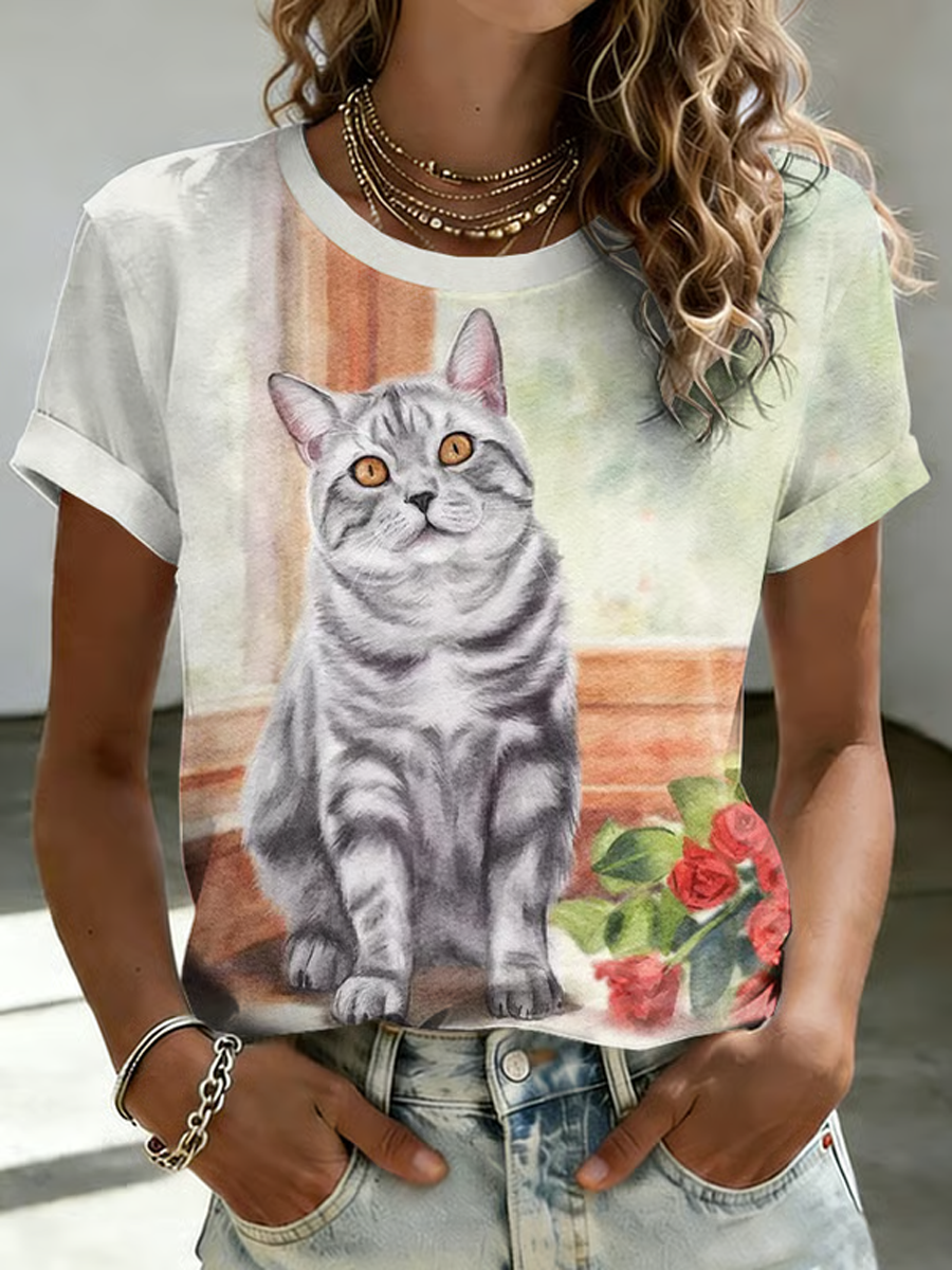 Women's Cat Print short-sleeved T-shirt