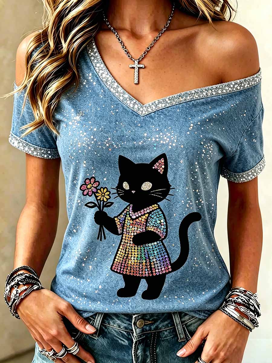 Women's Sequin Animal Print Casual Off-Shoulder Top