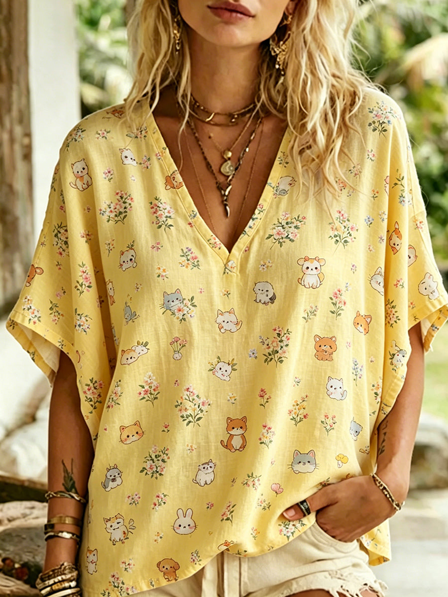 Women's Pastoral-Style V-Neck Top With Animal And Floral Print