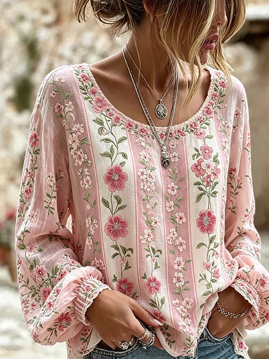 Women's Vintage Floral Art Print Casual Cotton-Linen Top