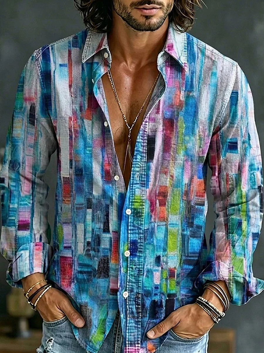 Retro Abstract Art Print Casual Cotton-Linen Shirt