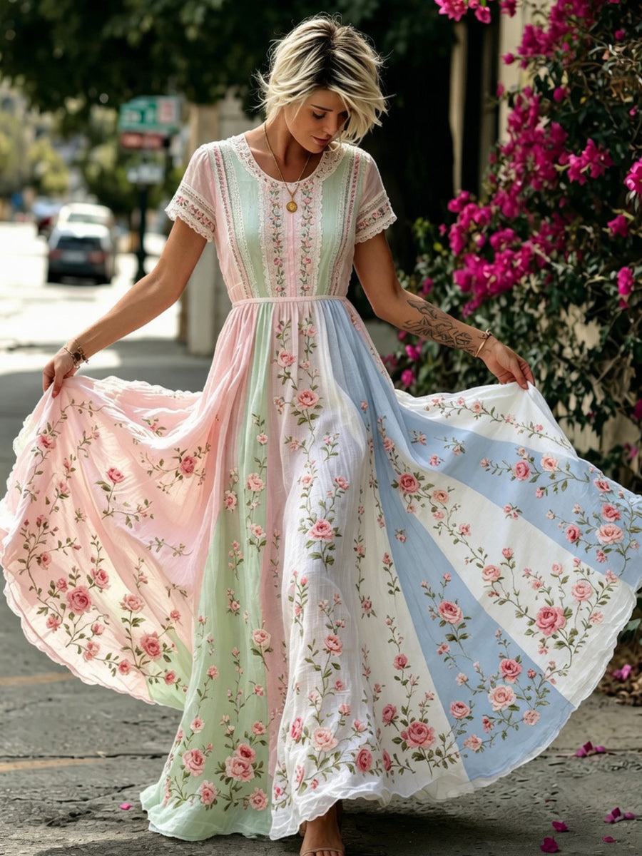 Women's Bohemian Floral Embroidery Art Round Neck Short Sleeve Midi Dress