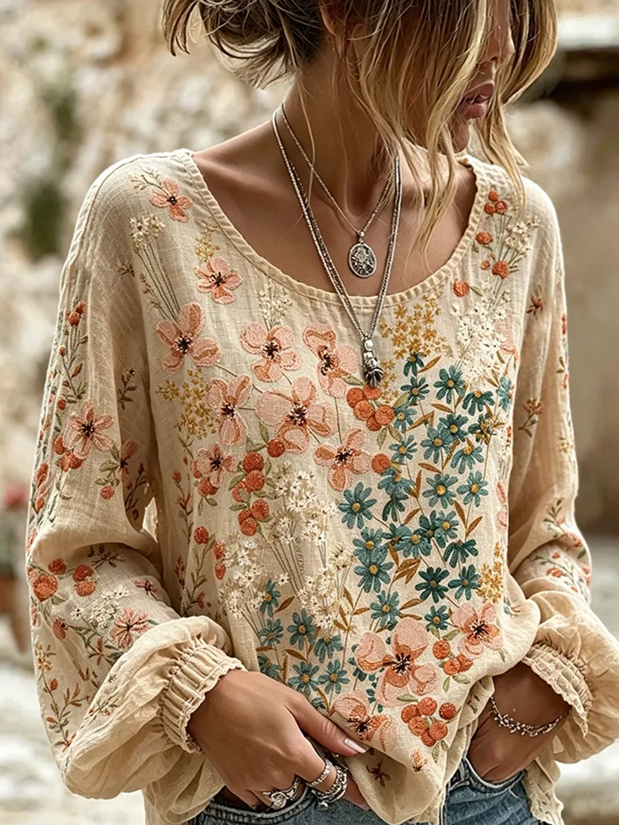 Women's Vintage Floral Art Print Casual Cotton-Linen Top