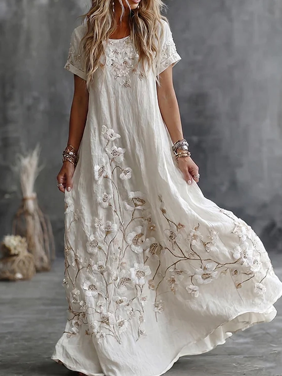 Women's Bohemian Floral Embroidery Art Round Neck Short Sleeve Midi Dress