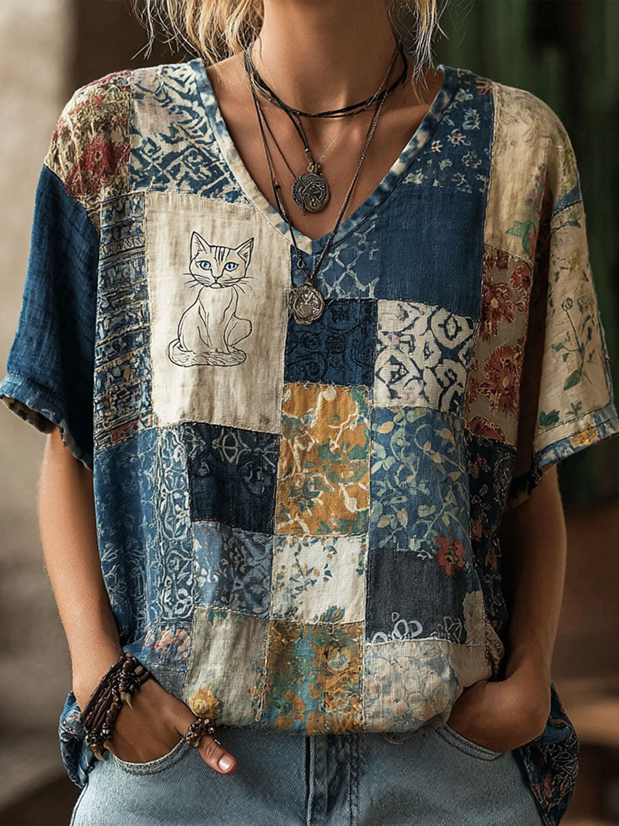 Women's Cat Art Print Casual T-shirt