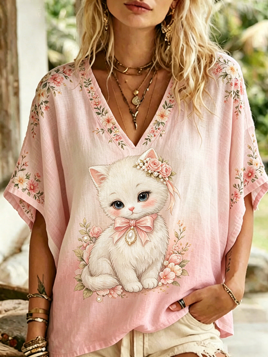Women's Casual V-Neck Top With Animal And Floral Print