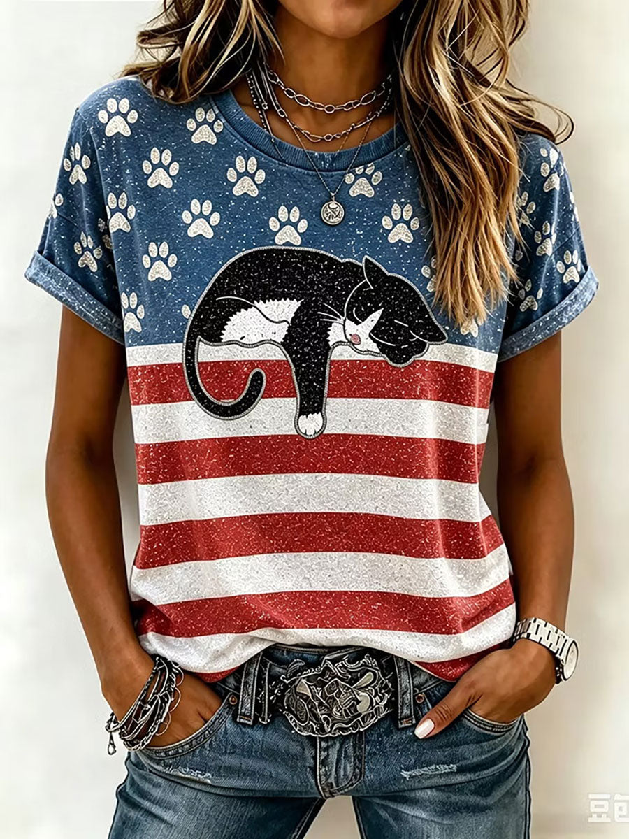 Women's American Flag Cat Print Casual T-Shirt