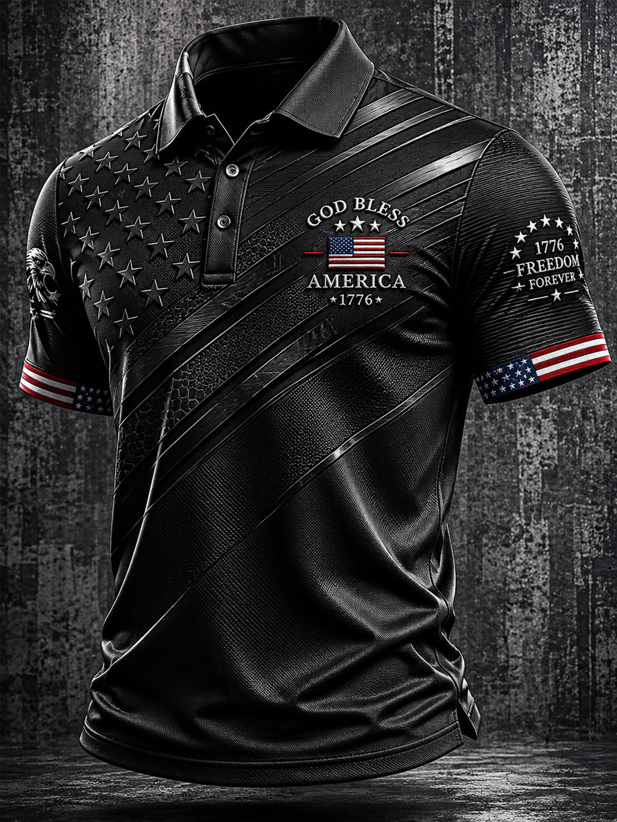 Men's Independence Day God Bless America Print Casual Patriotic Polo