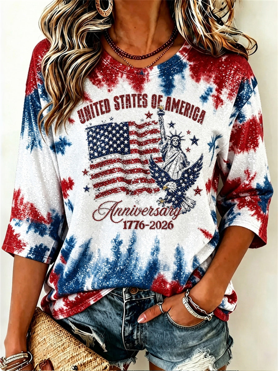 Women's USA Anniversary 1776-2026 Classic Elements Print Flag Tie Dye Waffle T-shirt