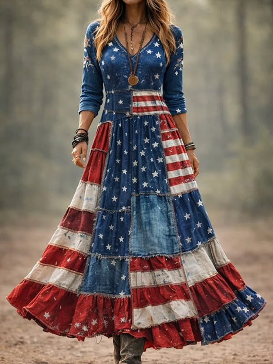 Women's Vintage American Flag Inspired Patchwork Print V-neck Linen Dress With Pockets