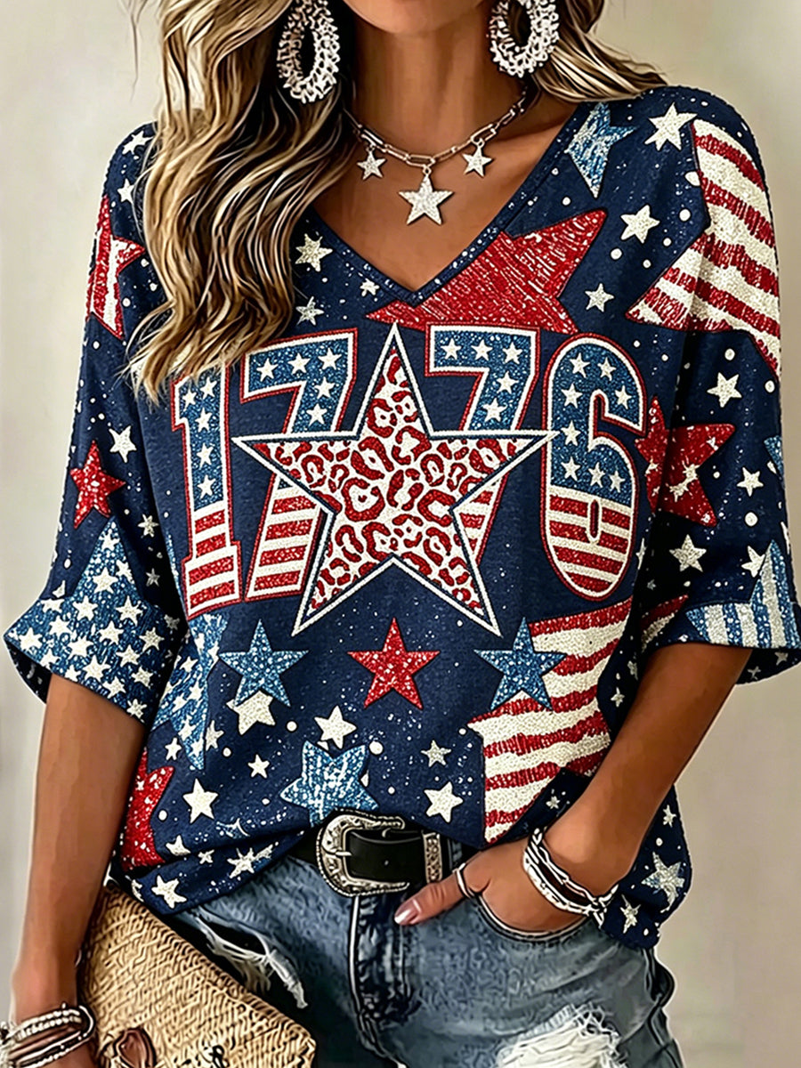 Women's 1776 American Flag Inspired Pattern Print Mid-length Sleeves V-Neck T-Shirt