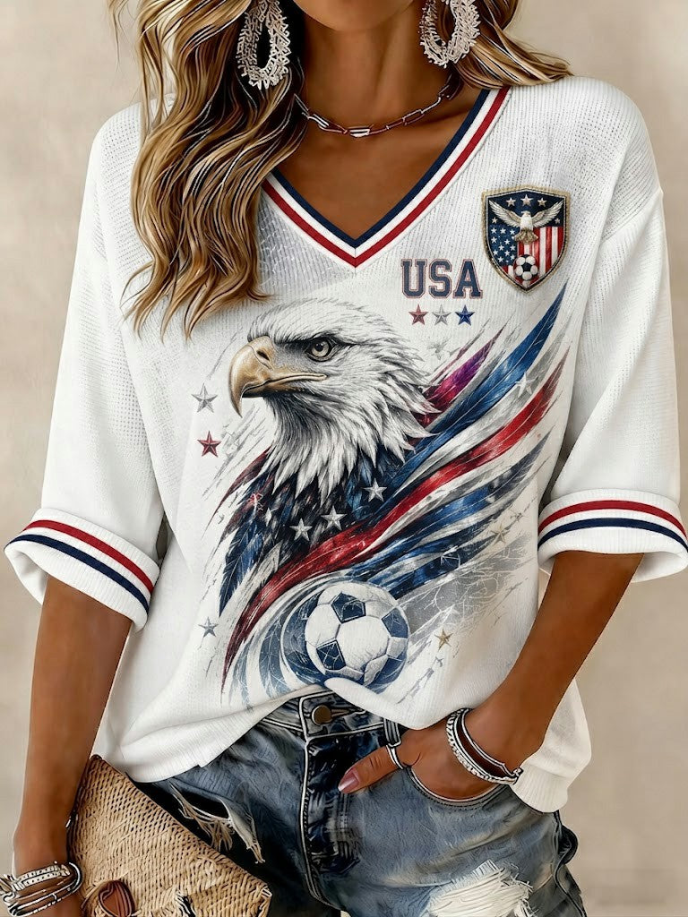 Women's USA Football Printed Mid-length Sleeves V-Neck T-shirt
