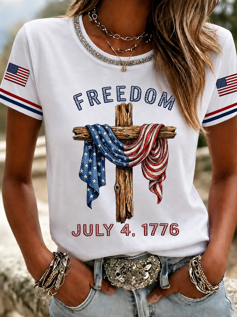 Women's Independence Day USA Flag Art Short Sleeve T-shirt