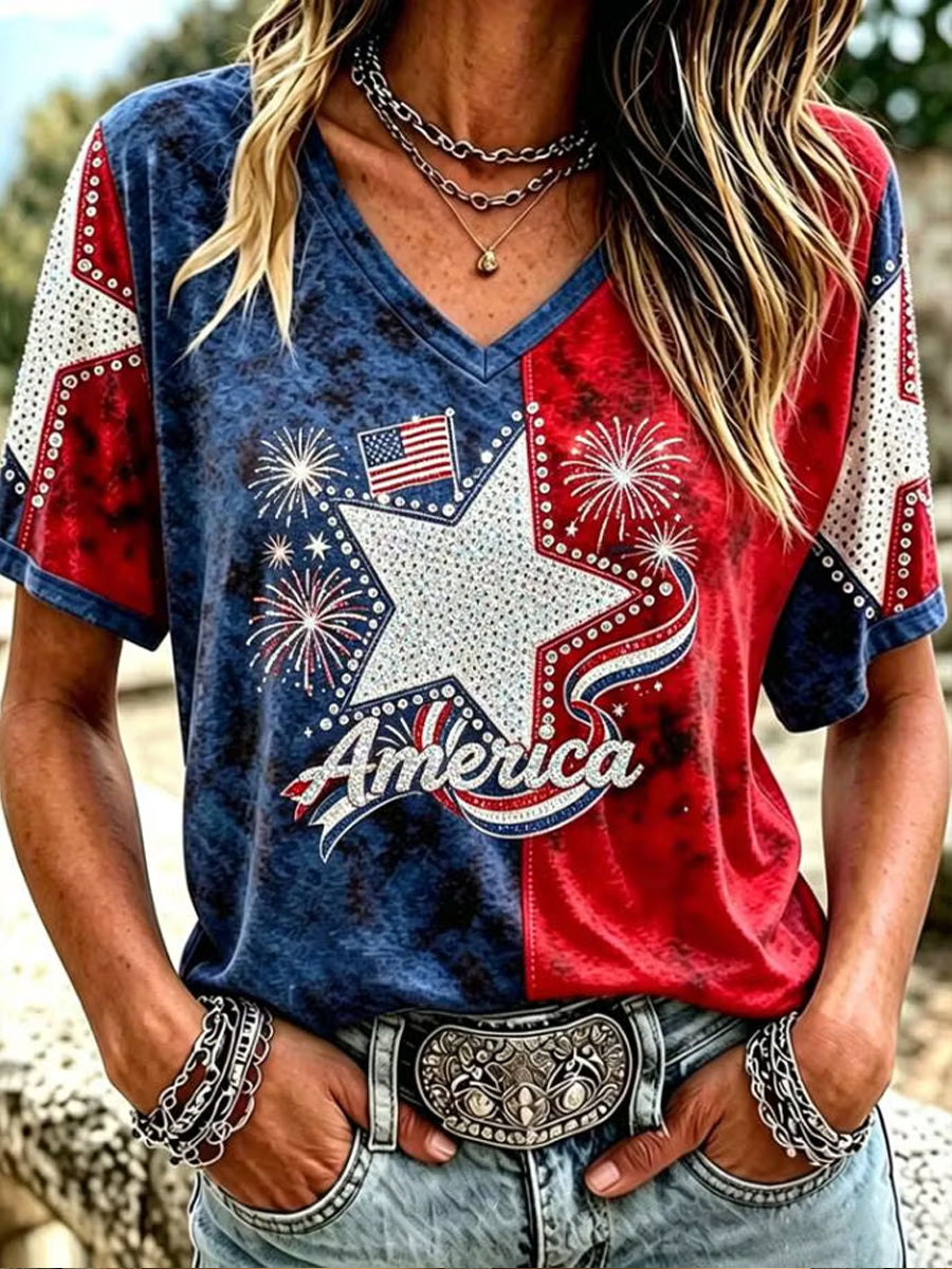 Women's America Floral Printed V-neck T-shirt