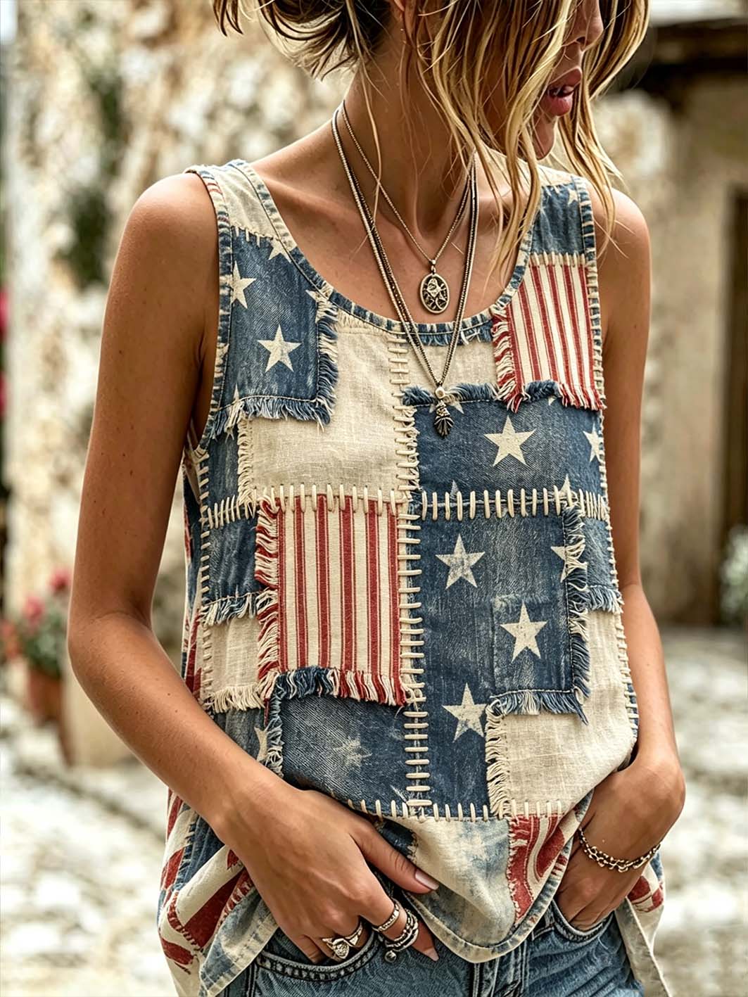 Women's retro American flag element design printed cotton and linen vest
