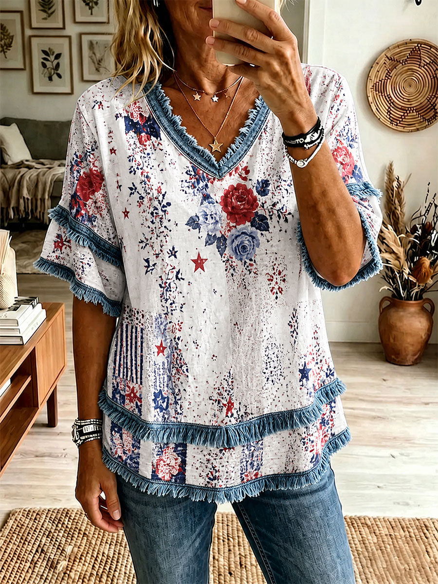 Women's Red, White, and Blue Floral Print Casual T-Shirt