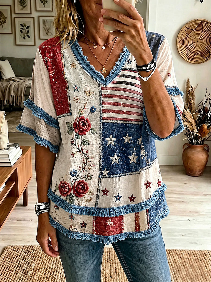 Women's Red, White, and Blue Floral Print Casual T-Shirt