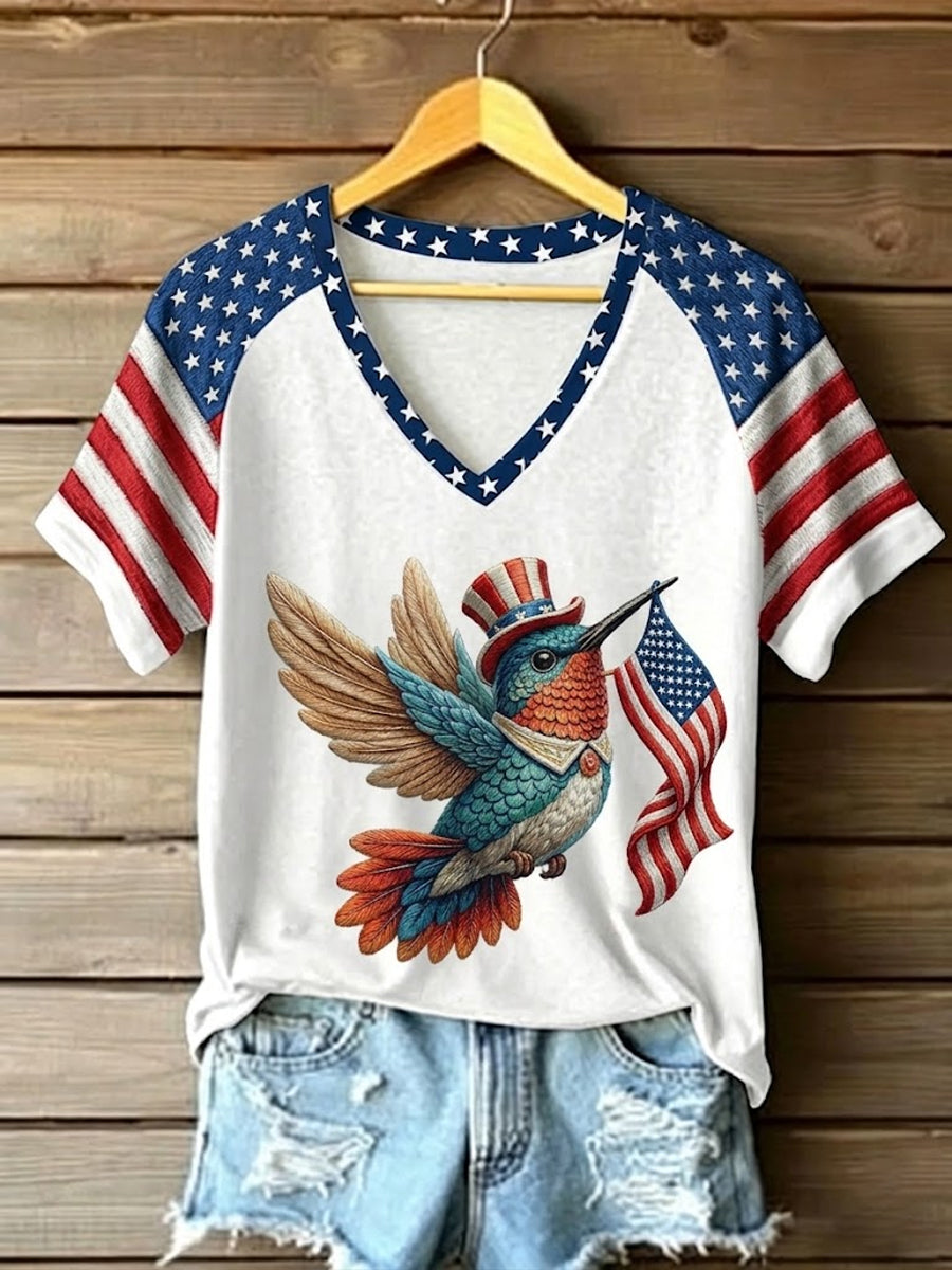 Women's Independence Day American Flag Hummingbird Art V-neck Off-shoulder Short-sleeved T-shirt