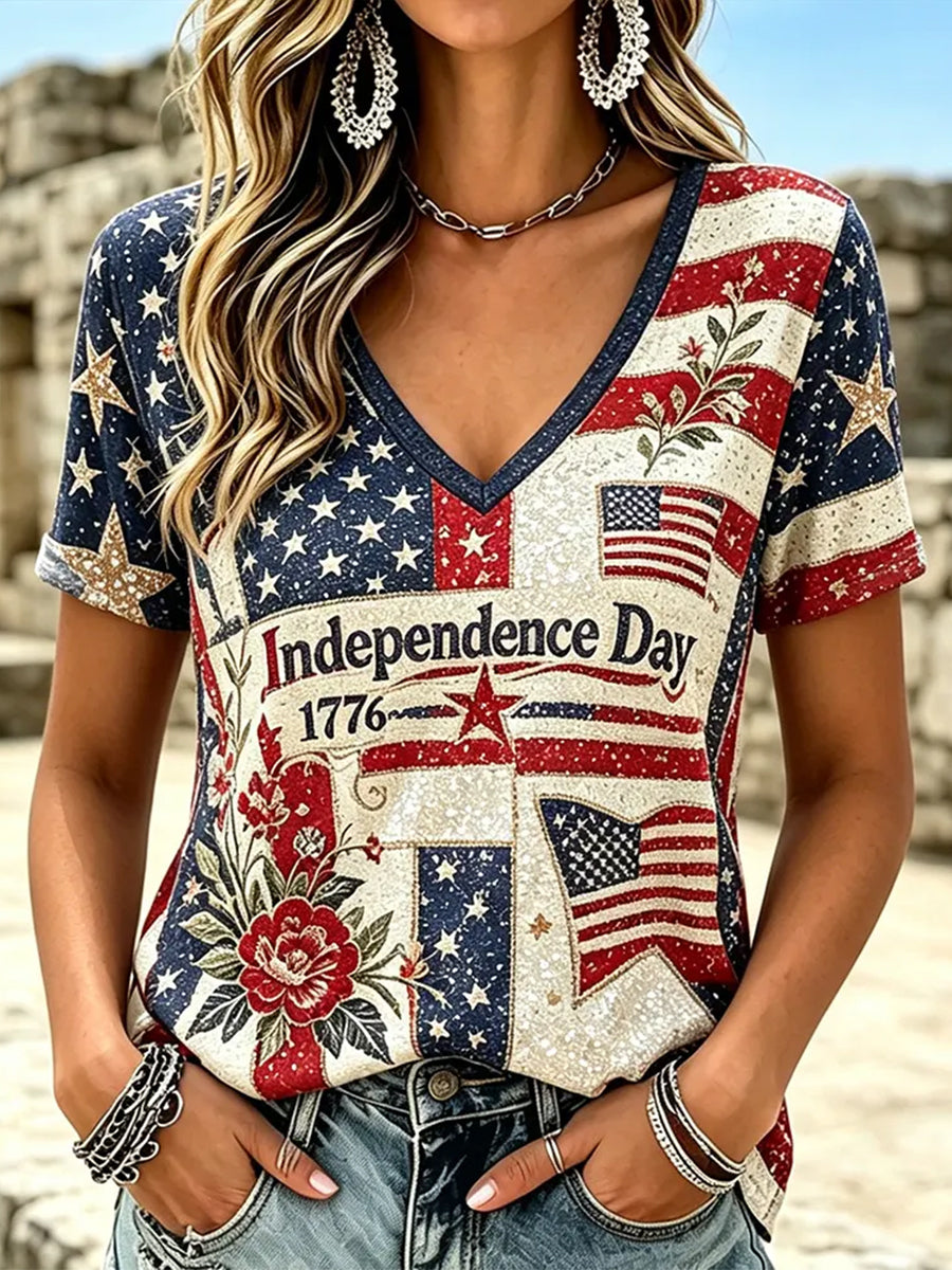 Women's Independence Day American Flag Inspired Print Short-sleeved T-shirt