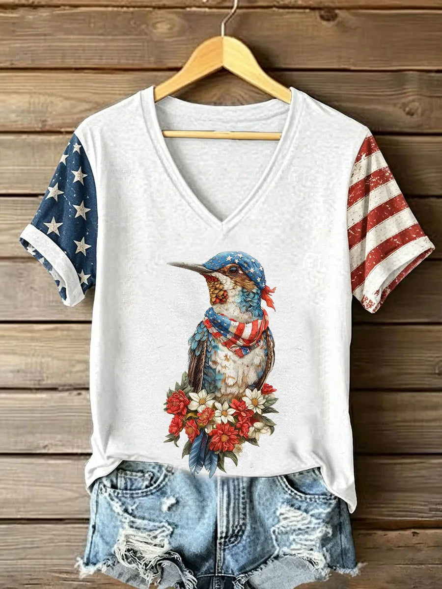 Women's Independence Day American Flag Hummingbird Art V-neck T-shirt