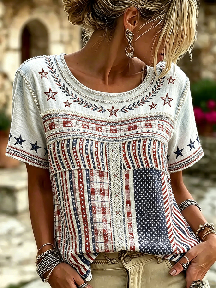 Women's American Flag Stars & Stripes Inspired Art Print linen short-sleeved T-shirt