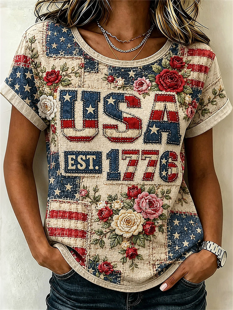 Women's USA Est 1776 Floral Flag Patchwork Art Print linen short-sleeved T-shirt