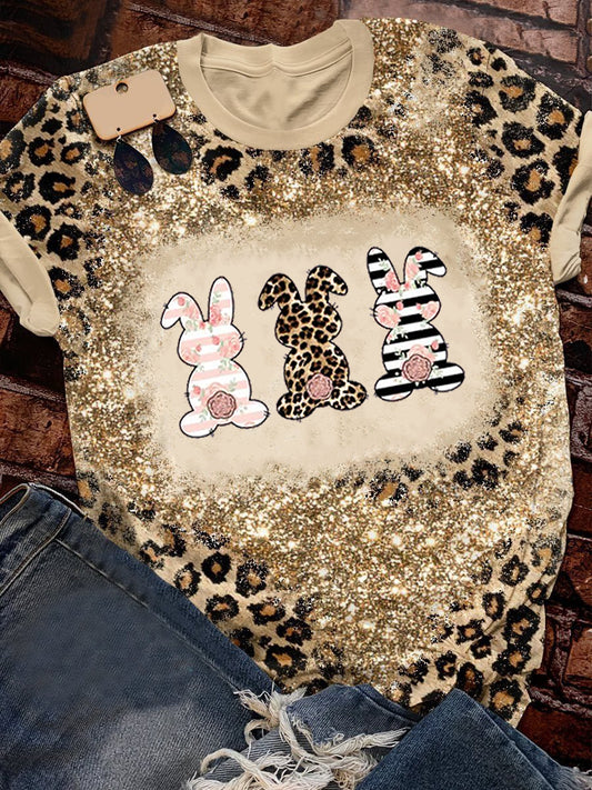 Women's Easter Bunny Printed Vintage Fashion Loose Short Sleeve T-Shirt