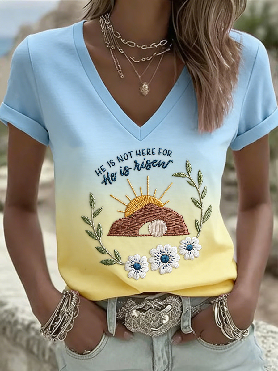Women's He Is Risen Christian Faith Print Easter T-shirt