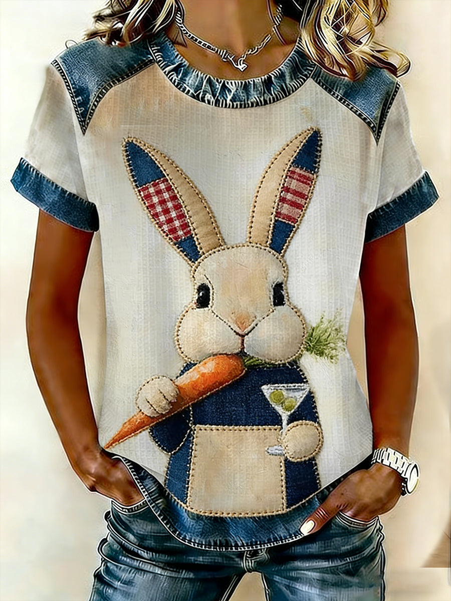 Women's Easter Bunny Art  Patchwork Print Waffle Short Sleeved T-Shirt