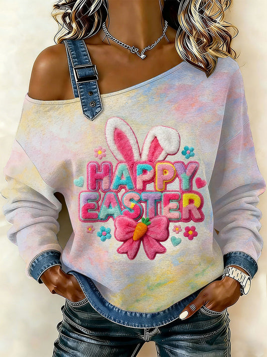 Women's Vintage Faith Easter Print Casual Off-Shoulder Sweatshirt