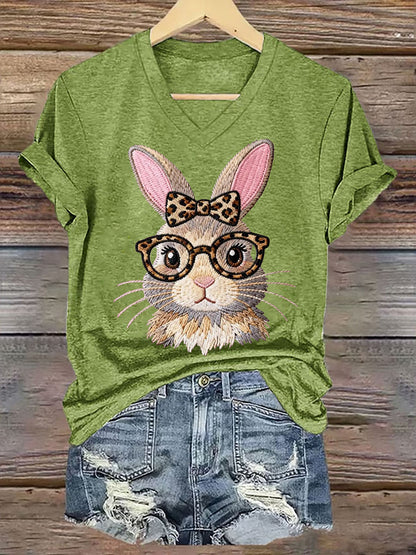 Women's Cute Bunny Print Easter Casual V-Neck Tee