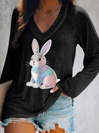 Women's Cute Floral Bunny Print Easter Casual Long-Sleeve V-Neck T-Shirt