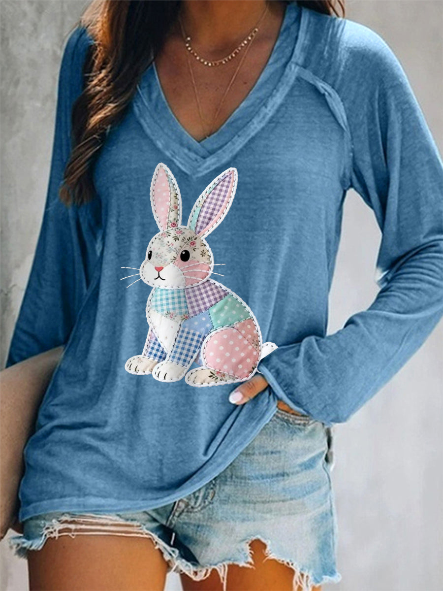 Women's Cute Floral Bunny Print Easter Casual Long-Sleeve V-Neck T-Shirt