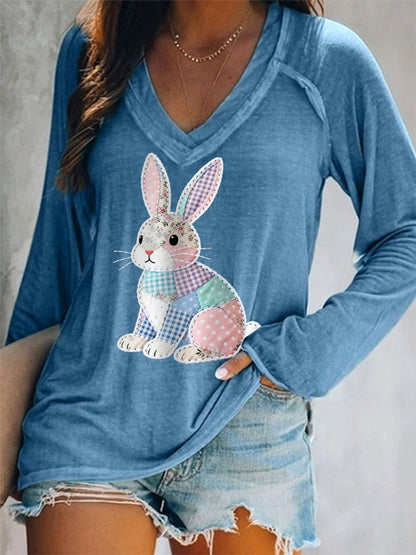 Women's Cute Floral Bunny Print Easter Casual Long-Sleeve V-Neck T-Shirt