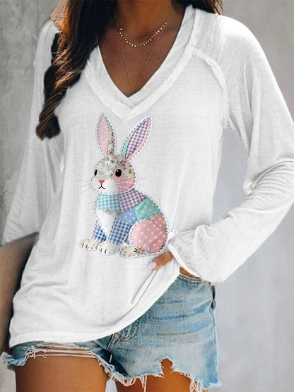 Women's Cute Floral Bunny Print Easter Casual Long-Sleeve V-Neck T-Shirt