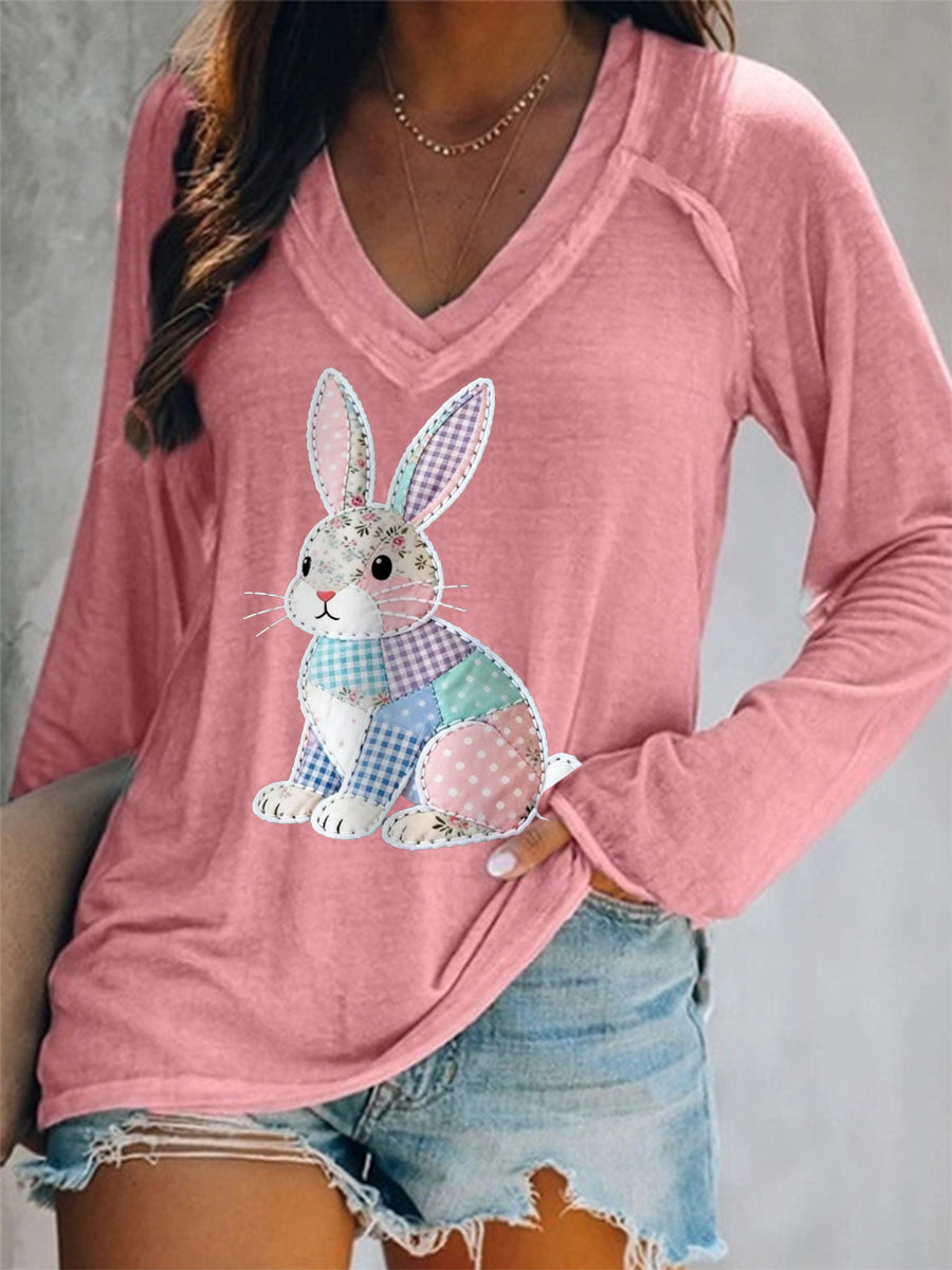 Women's Cute Floral Bunny Print Easter Casual Long-Sleeve V-Neck T-Shirt