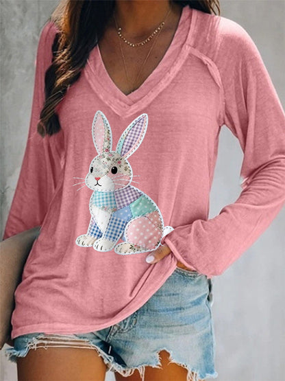 Women's Cute Floral Bunny Print Easter Casual Long-Sleeve V-Neck T-Shirt