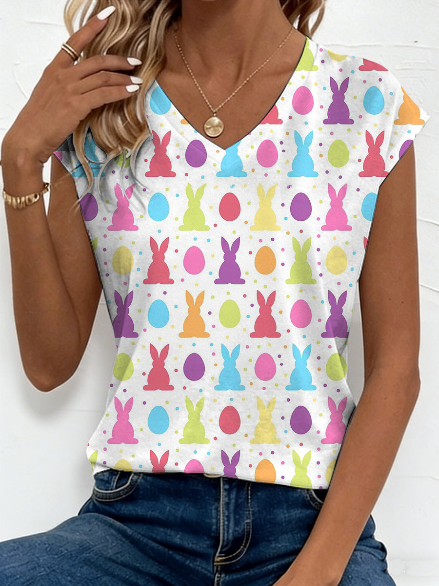 Women's Easter Bunny Animal Print V-Neck T-Shirt