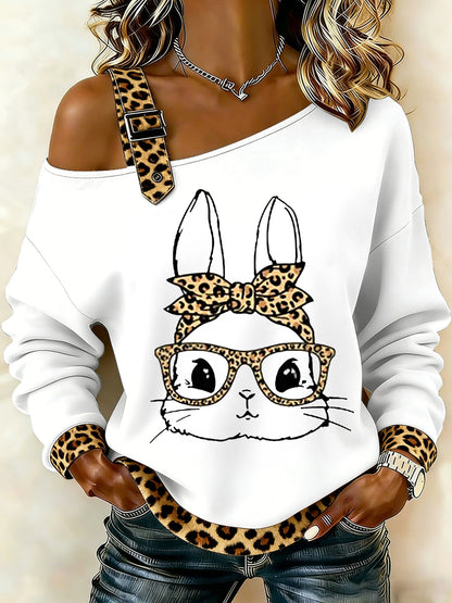 Women's Cute Leopard Bunny Print Easter Casual Off-Shoulder Top