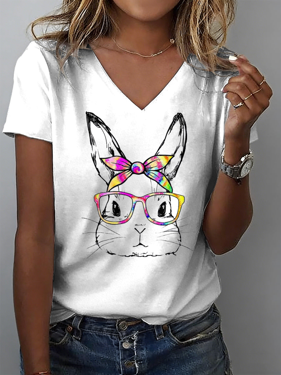Women's Easter Bunny Animal Print V-Neck T-Shirt