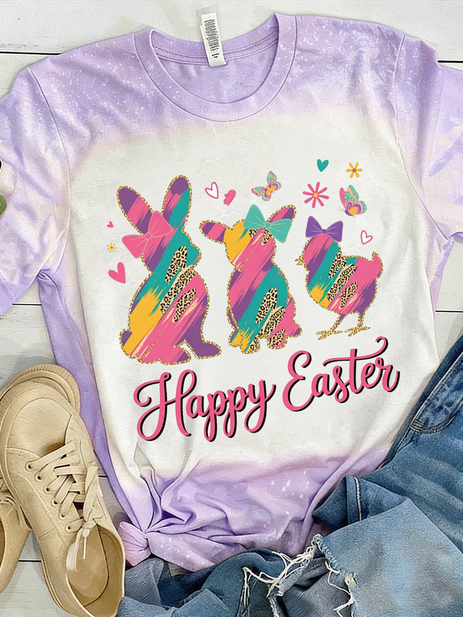 Women's Easter Bunny Animal Printed Vintage Fashion Loose Short Sleeve T-Shirt