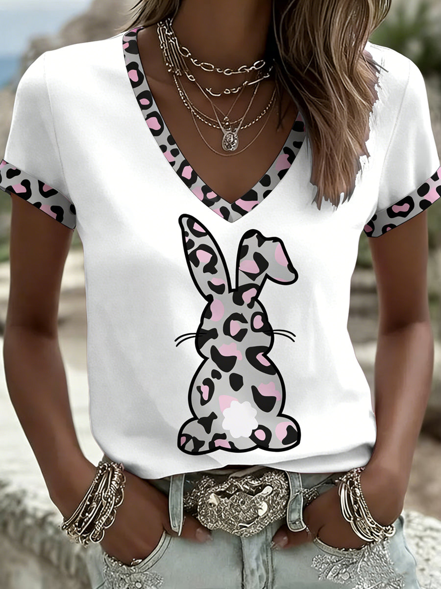Women's Easter Bunny Animal Print V-Neck T-Shirt