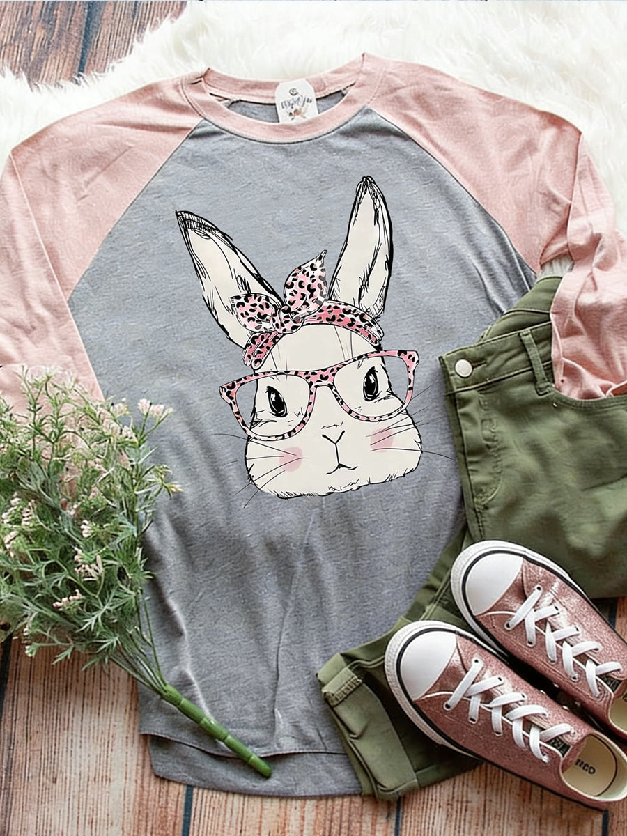 Women's Easter Bunny Animal Print Crew Neck Raglan Sleeve T-Shirt